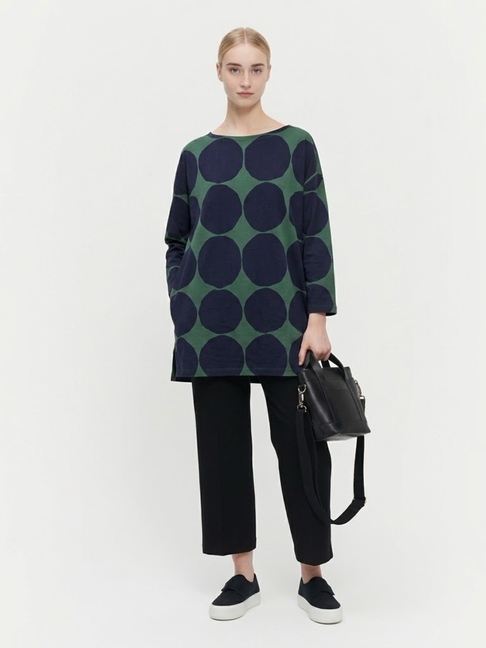 Marimekko x Uniqlo Oversized Tunic Top Kivet Polka Dot Green Navy Size Medium